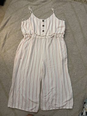 J. Gee Striped Linen Blend Jumpsuit Wide Leg Button Front Boho Summer Romper Sm
